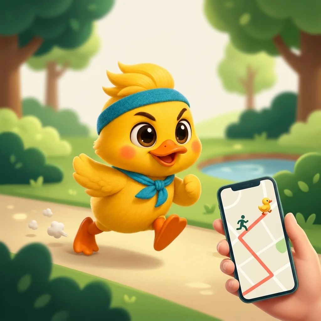 Die Flitzente läuft eine Route vor, im Handy sieht man die Karte mit Läufer und Ente